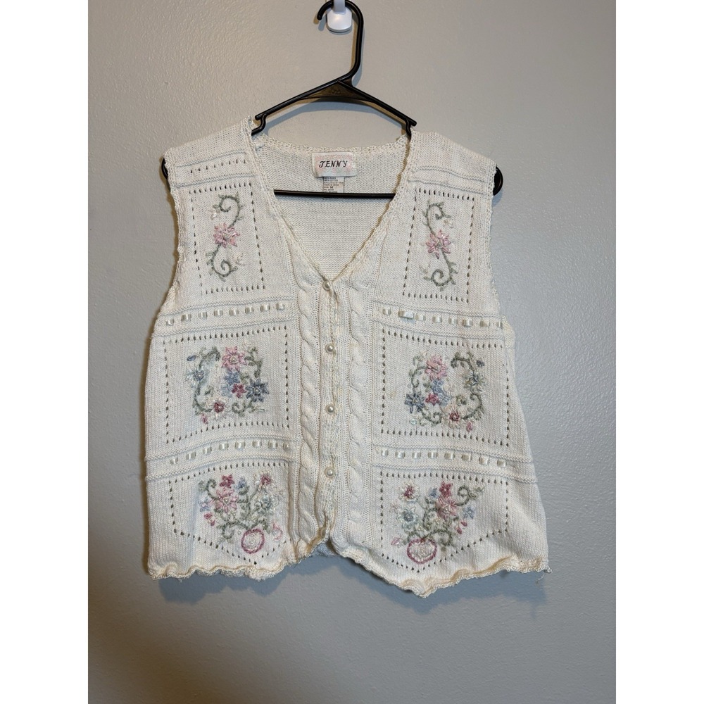 Jenny M Knit Vest Cottagecore Floral Pearl Buttons Vtg Granny Whimsical Prarie